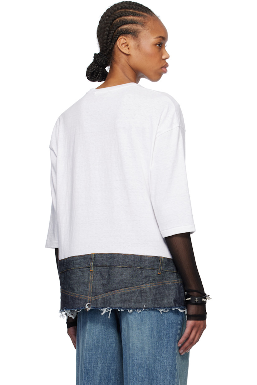 Cotton jersey and non-stretch denim T-shirt. 

· Paneled construction
· Rib-knit crewneck
· Belt loops and patch pockets at hem
· Frayed edge at hem 
· Dropped shoulders
· Logo-engraved antiqued silver-tone hardware 
· Contrast stitching in tan

Supplier color: White