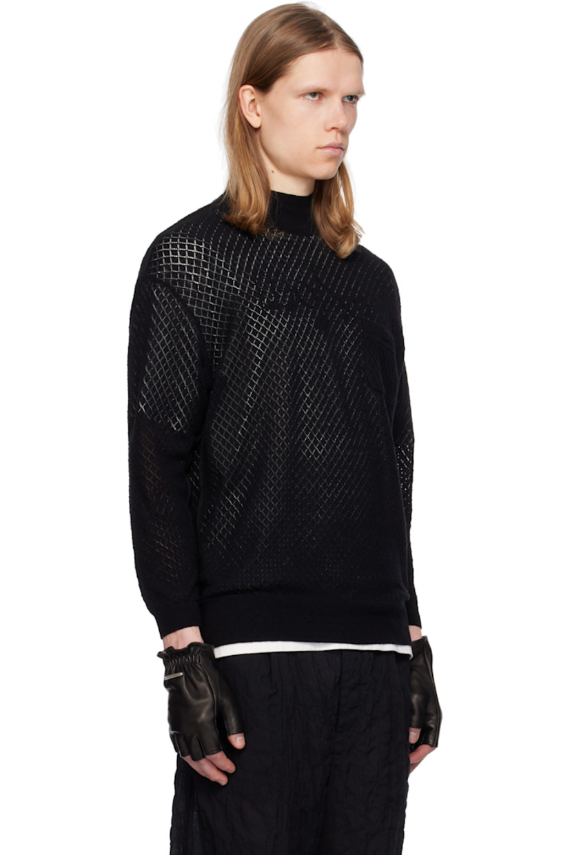 Pointelle-knit cotton- and cashmere-blend sweater. 

· Rib-knit mock neck, hem, and cuffs
· Patch pocket at chest
· Exposed seam at sides and sleeves
· Zip vent at cuffs extends to dropped shoulders

Supplier color: Black