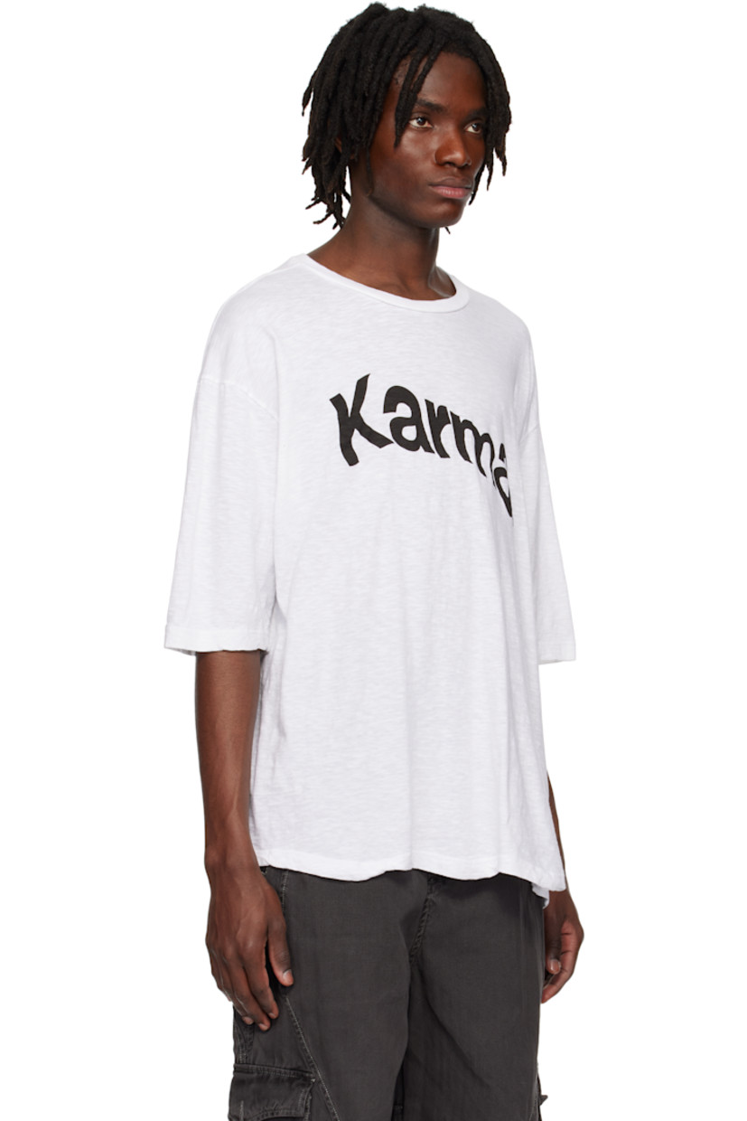Cotton jersey T-shirt.

· Rib-knit crewneck
· Text printed at front
· Asymmetric hem
· Dropped shoulders

Supplier color: White