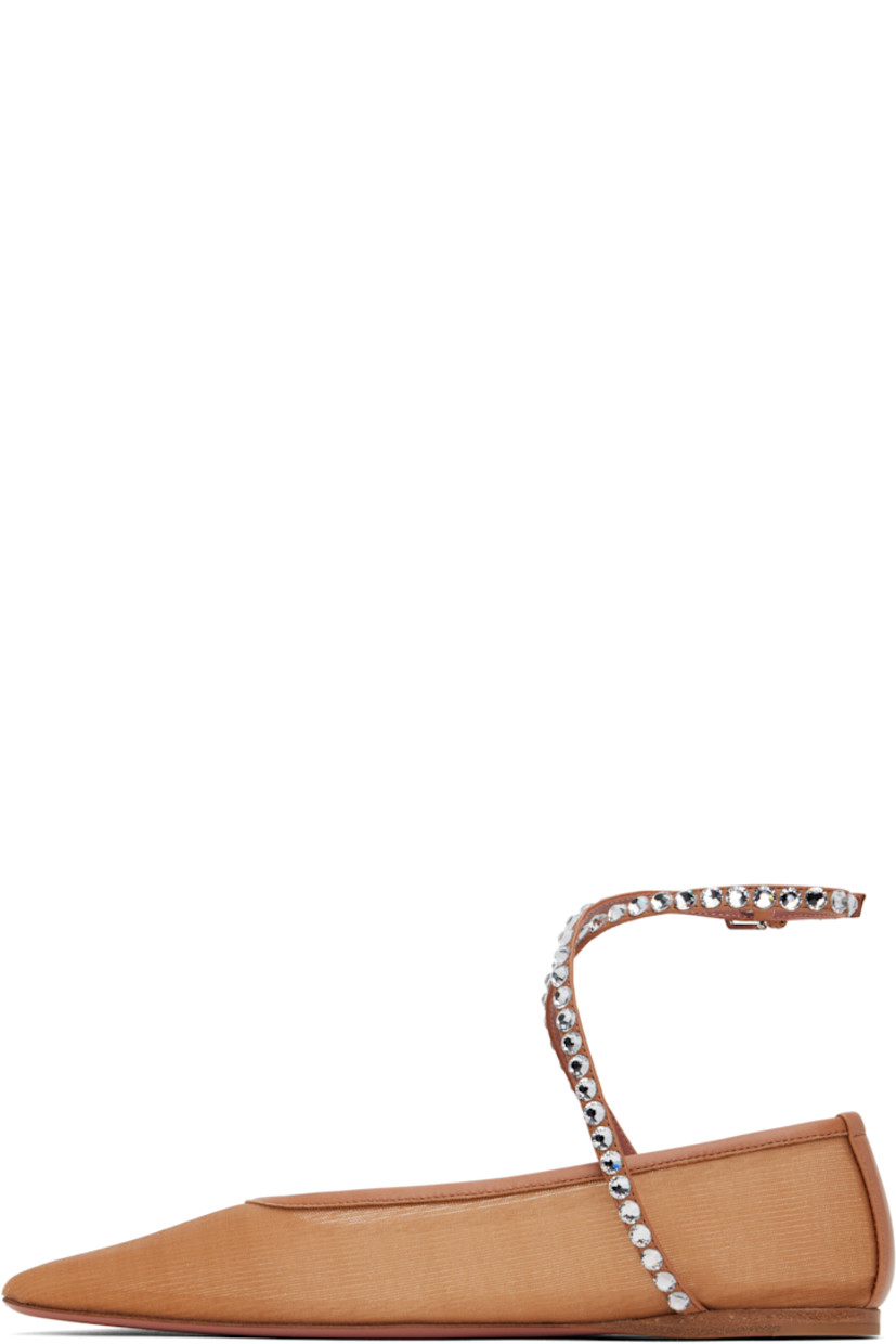 Mesh ballerina flats in tan.

· Buffed leather trim throughout
· Square toe
· Crystal-cut accents at wraparound pin-buckle ankle strap
· Unlined
· Polished leather sole with rubber injections

Supplier color: Mesh beige/White crystals