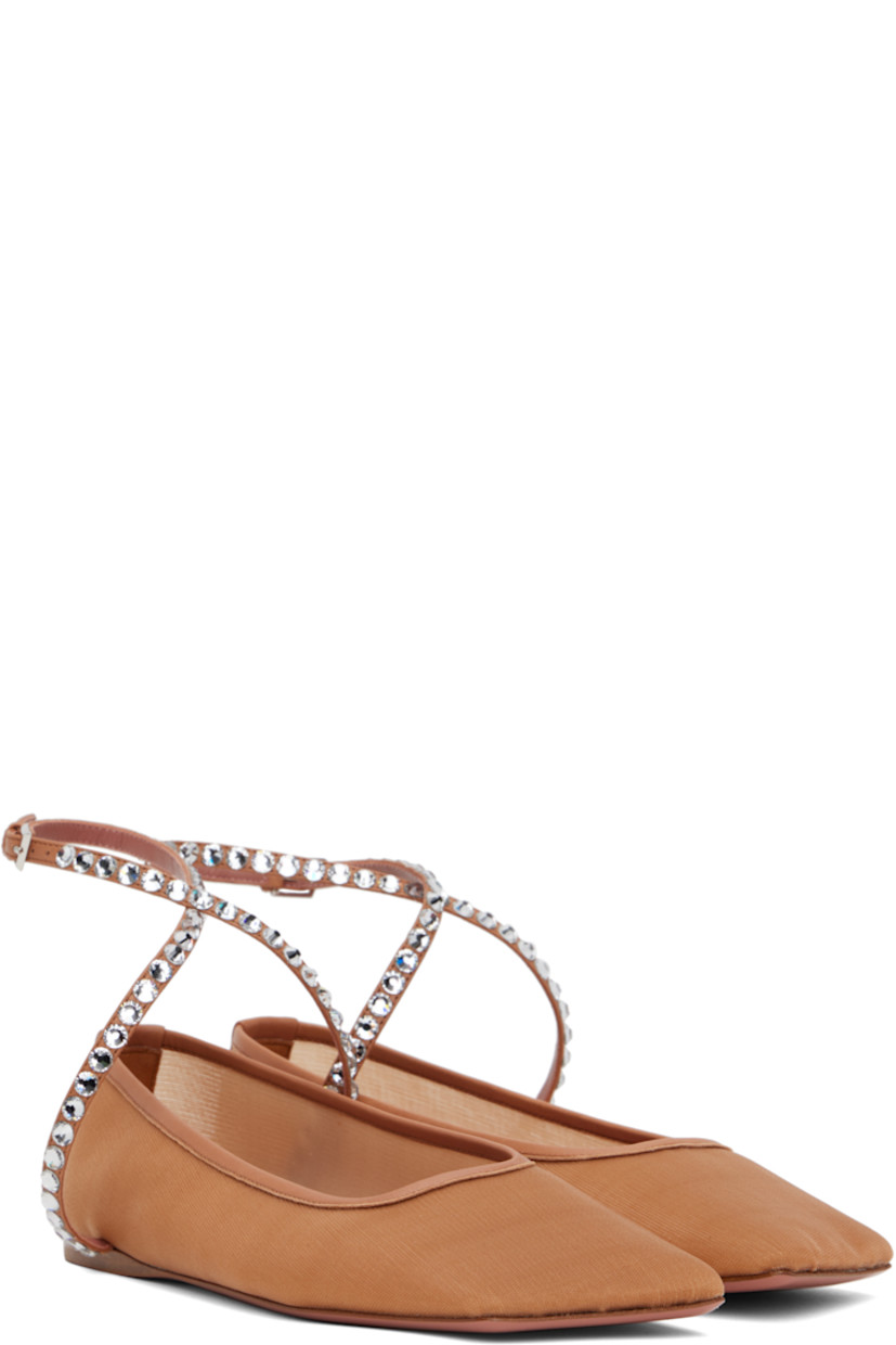 Mesh ballerina flats in tan.

· Buffed leather trim throughout
· Square toe
· Crystal-cut accents at wraparound pin-buckle ankle strap
· Unlined
· Polished leather sole with rubber injections

Supplier color: Mesh beige/White crystals