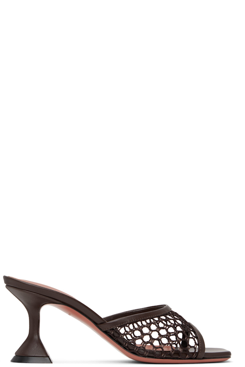 Crocheted raffia and grained nappa leather heeled sandals in brown. 

· Open square toe
· Logo-embossed padded goatskin footbed
· Covered spool heel with rubber injection
· Leather sole with rubber injection
· Heel: H3"

Supplier color: Net raffia mocha