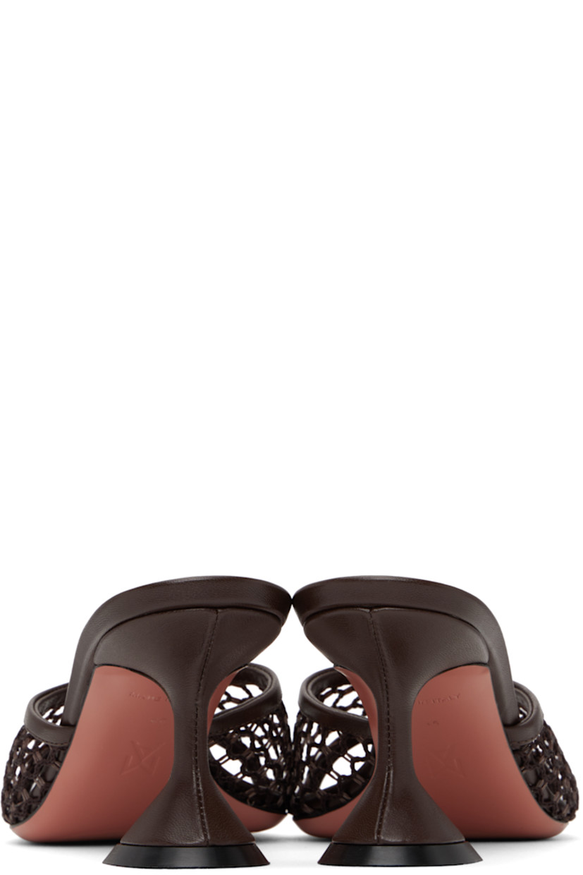 Crocheted raffia and grained nappa leather heeled sandals in brown. 

· Open square toe
· Logo-embossed padded goatskin footbed
· Covered spool heel with rubber injection
· Leather sole with rubber injection
· Heel: H3"

Supplier color: Net raffia mocha