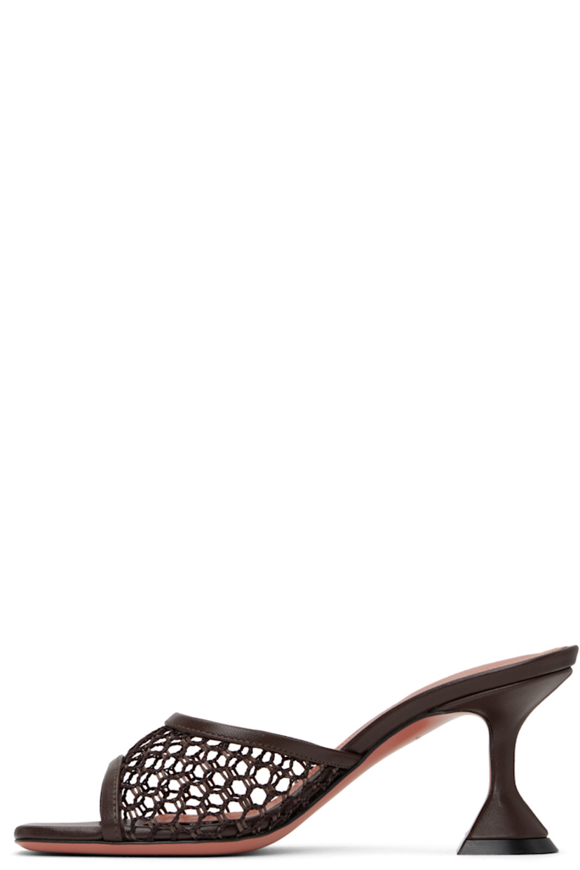 Crocheted raffia and grained nappa leather heeled sandals in brown. 

· Open square toe
· Logo-embossed padded goatskin footbed
· Covered spool heel with rubber injection
· Leather sole with rubber injection
· Heel: H3"

Supplier color: Net raffia mocha