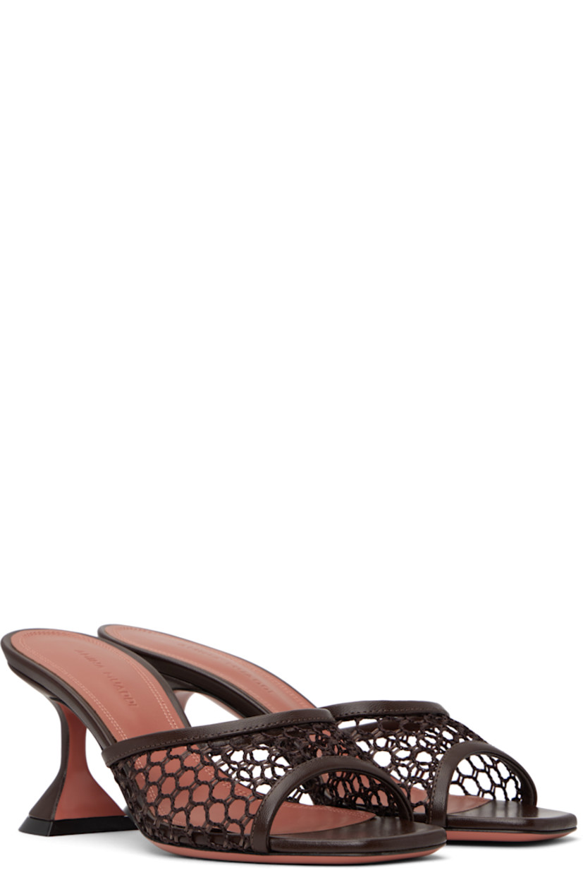 Crocheted raffia and grained nappa leather heeled sandals in brown. 

· Open square toe
· Logo-embossed padded goatskin footbed
· Covered spool heel with rubber injection
· Leather sole with rubber injection
· Heel: H3"

Supplier color: Net raffia mocha