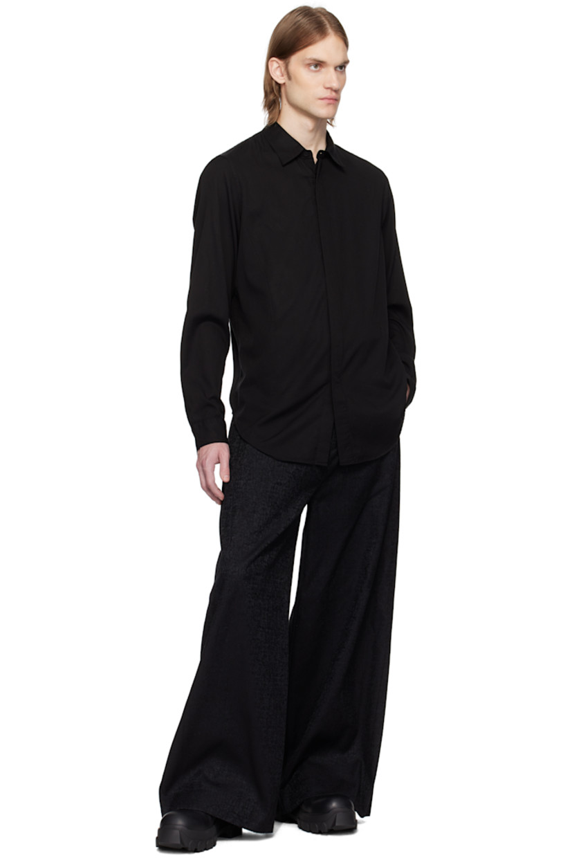 Rayon- and cotton-blend twill shirt. 

· Spread collar 
· Button closure 
· Darts at front 
· Shirttail hem 
· Pleated single-button barrel cuffs 
· Central seam at back yoke 

Part of the Permanent collection.

Supplier color: Black
