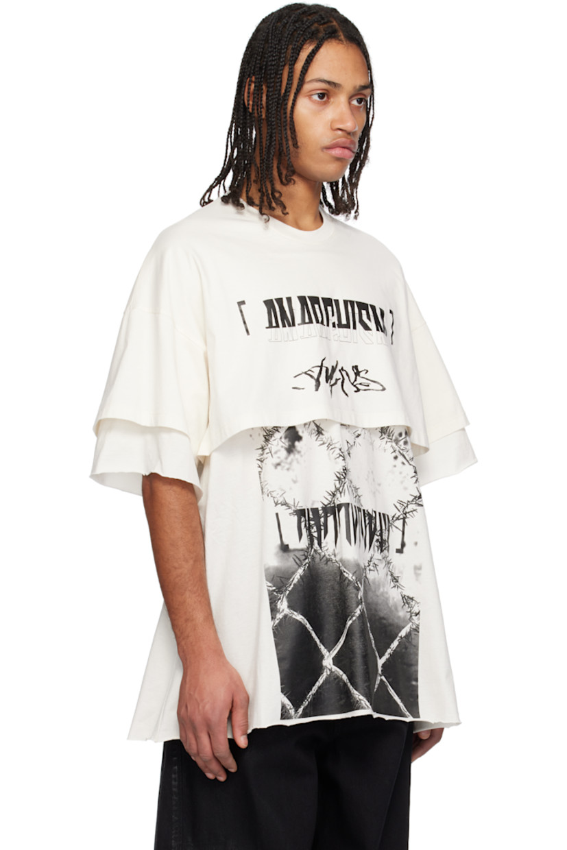 Cotton jersey T-shirt. 

· Layered construction
· Rib-knit crewneck
· Logo, text, and graphics printed at front
· Raw edge at hem and cuffs

Supplier color: Off white