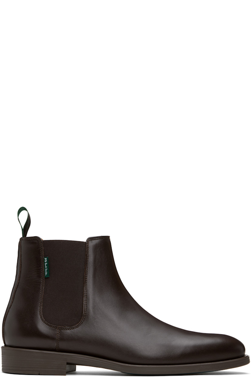 Ankle-high polished leather Chelsea boots in brown.

· Elasticized gusset at sides
· Logo-woven pull-loop at heel collar
· Logo flag at outer side
· Buffed leather lining
· Stacked rubber heel
· Crêpe rubber sole
· Heel: H1"

Supplier color: Brown