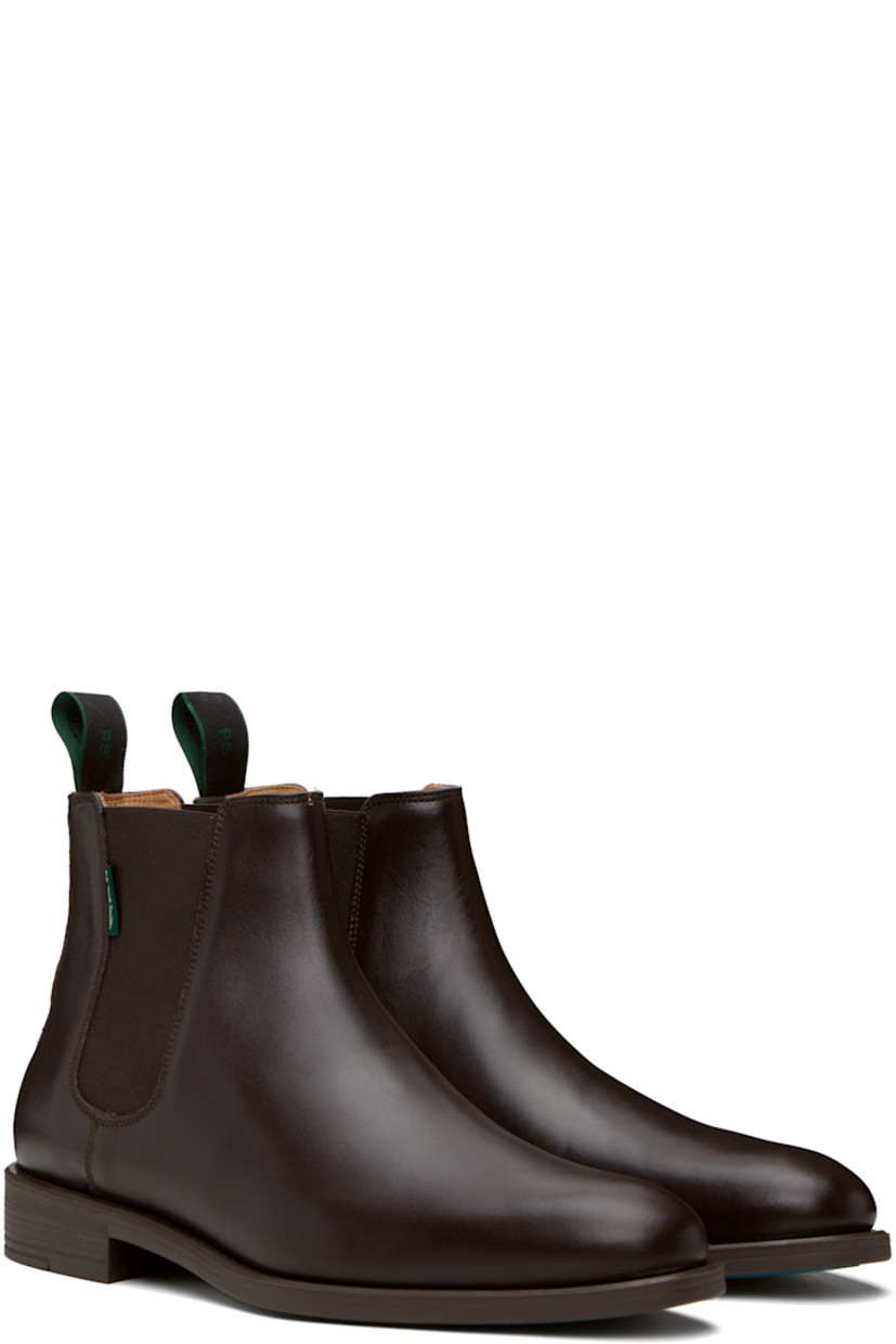 Ankle-high polished leather Chelsea boots in brown.

· Elasticized gusset at sides
· Logo-woven pull-loop at heel collar
· Logo flag at outer side
· Buffed leather lining
· Stacked rubber heel
· Crêpe rubber sole
· Heel: H1"

Supplier color: Brown