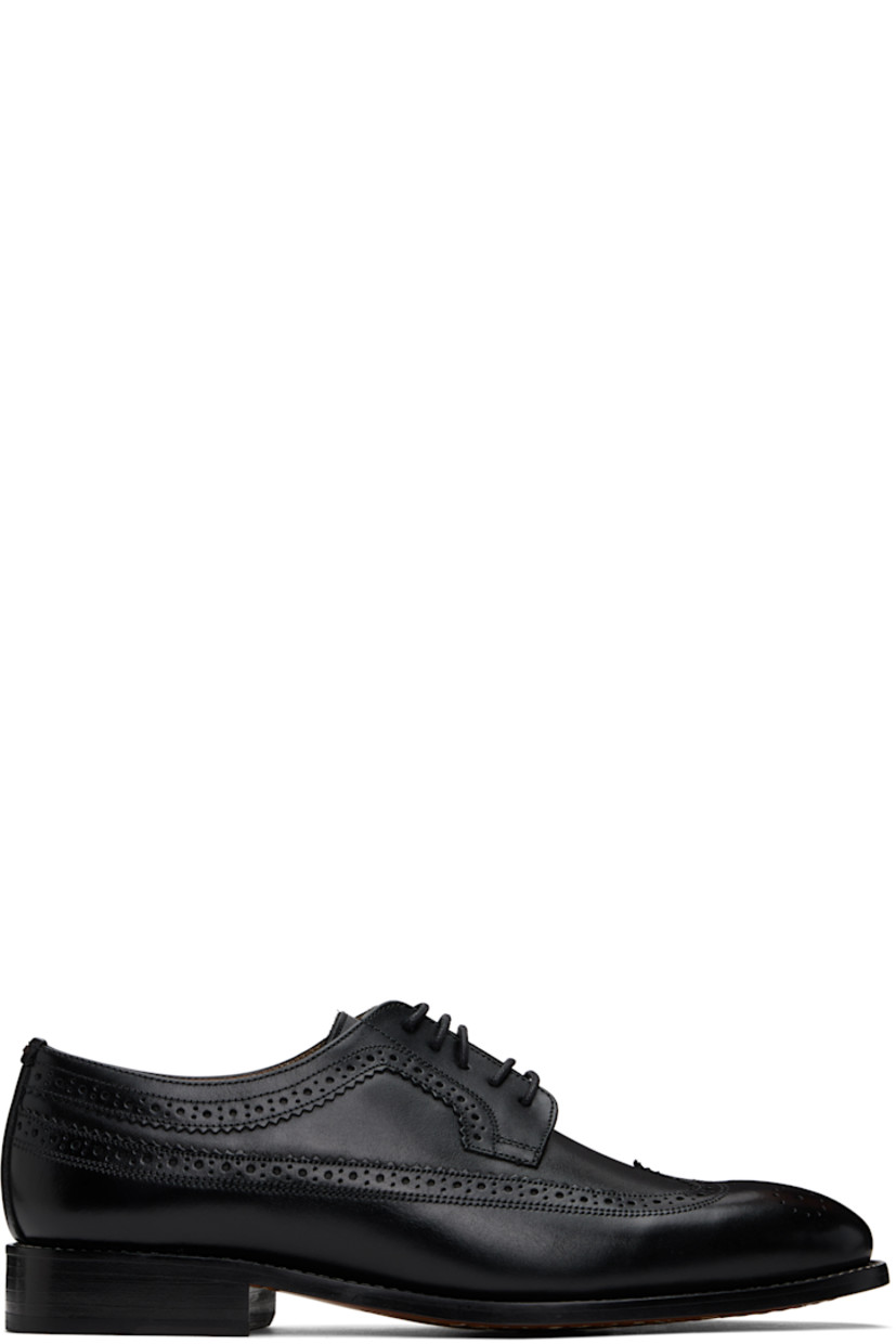 Polished leather brogues in black.

· Perforated detailing and serrated edges throughout
· Lace-up closure
· Brown stitch at heel collar
· Buffed leather lining
· White topstitching at welt
· Stacked leather block heel with rubber injection
· Stripes embossed at polished leather sole
· Heel: H1"

Supplier color: Black