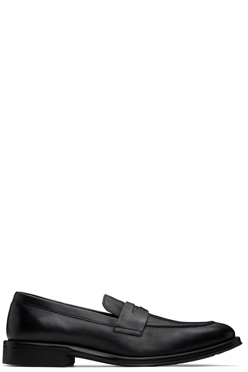 Buffed calfskin loafers in black.

· Moc toe
· Strap with cutout at vamp
· Navy stitch at heel collar
· Buffed leather and suede lining
· Stacked rubber heel
· Stripes embossed at rubber sole
· Heel: H1"

Supplier color: Black