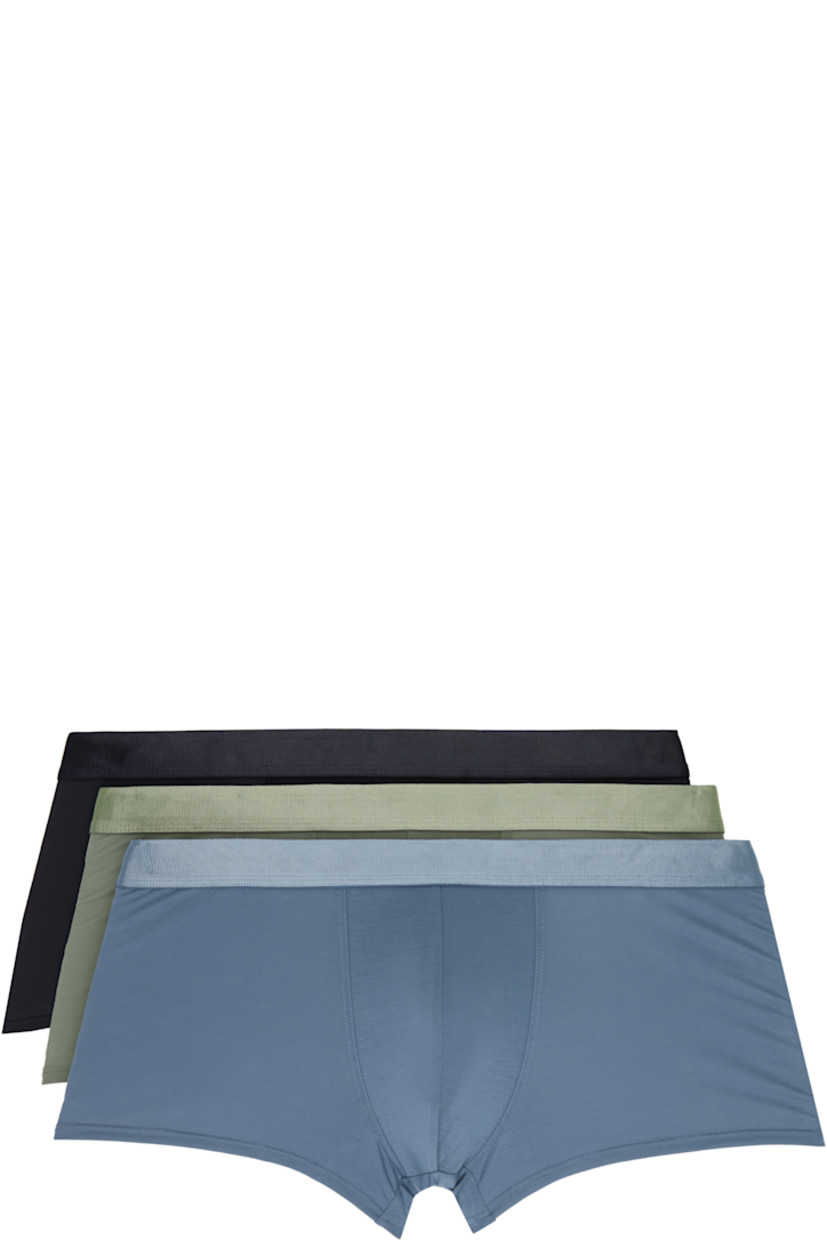 Pack of three stretch TENCEL™ lyocell jersey boxer briefs. 

· Antibacterial and moisture-wicking
· Low-rise
· Logo-woven elasticized waistband
· Partially lined

Supplier color: Dark navy/Steel blue/Sage