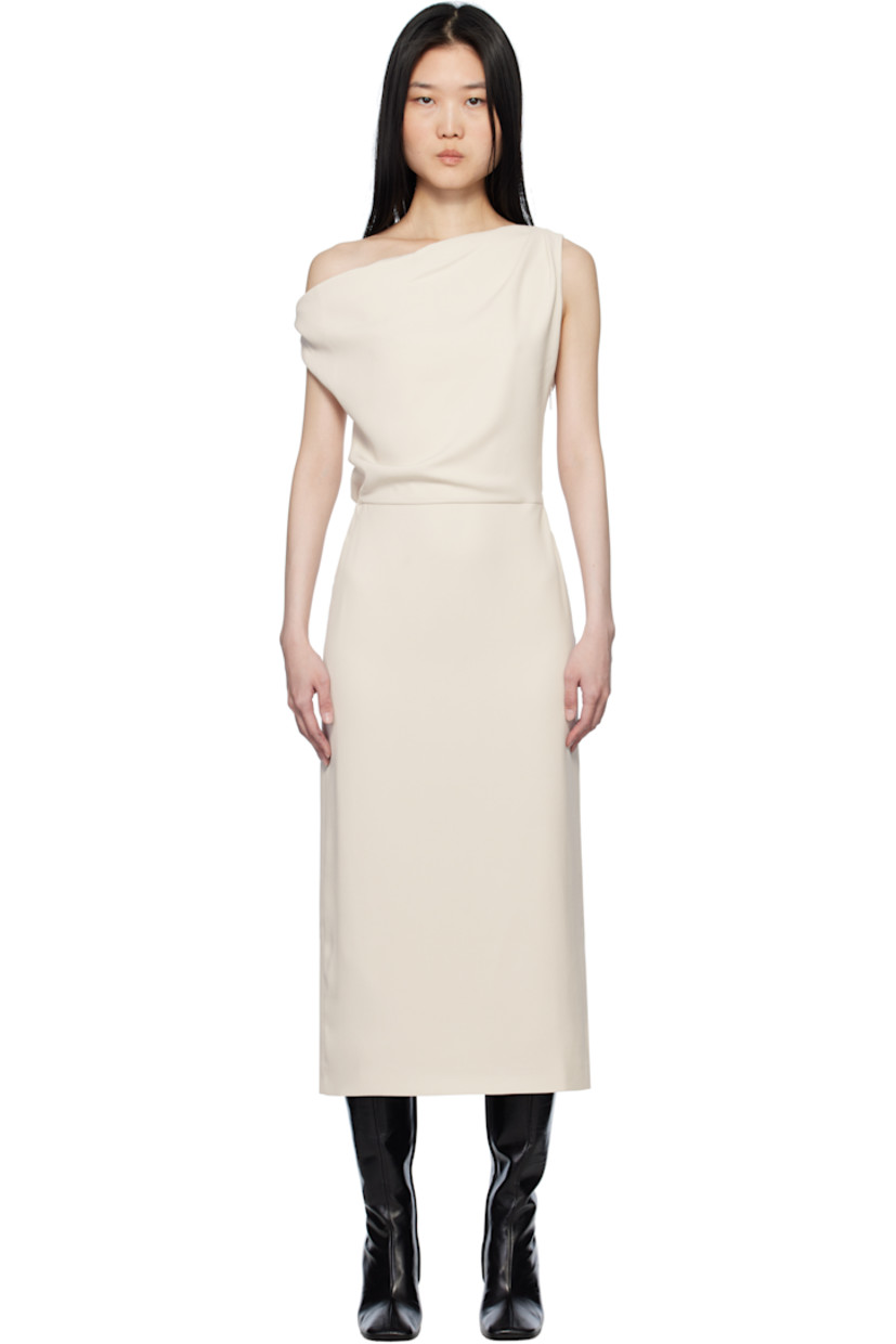 Polyester crepe midi dress. 

· Off-the-shoulder construction
· Gathering and draping at bodice
· Concealed zip closure at side seam
· Central vent at back hem
· Full satin lining

Supplier color: Off white