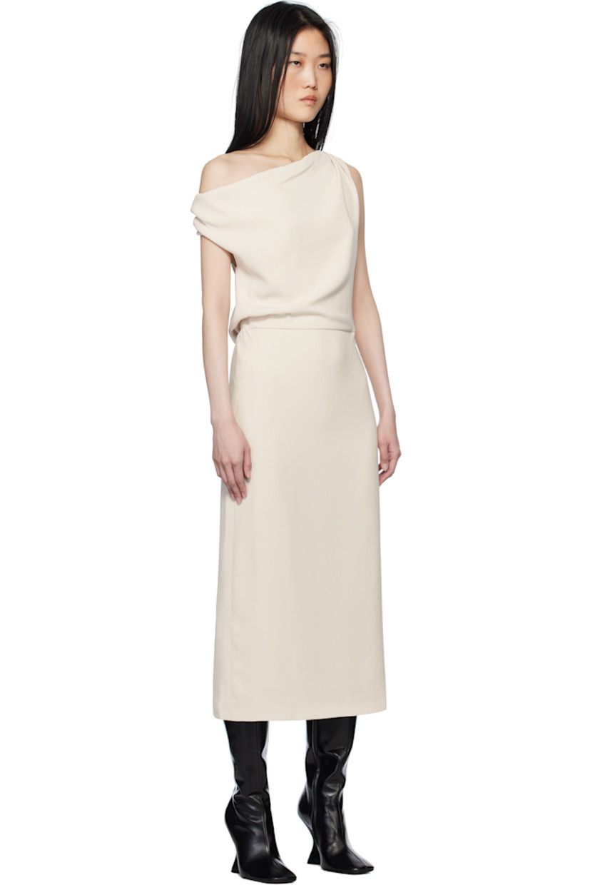 Polyester crepe midi dress. 

· Off-the-shoulder construction
· Gathering and draping at bodice
· Concealed zip closure at side seam
· Central vent at back hem
· Full satin lining

Supplier color: Off white