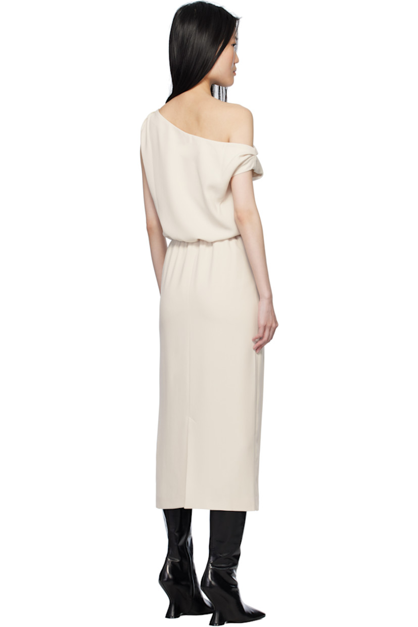 Polyester crepe midi dress. 

· Off-the-shoulder construction
· Gathering and draping at bodice
· Concealed zip closure at side seam
· Central vent at back hem
· Full satin lining

Supplier color: Off white
