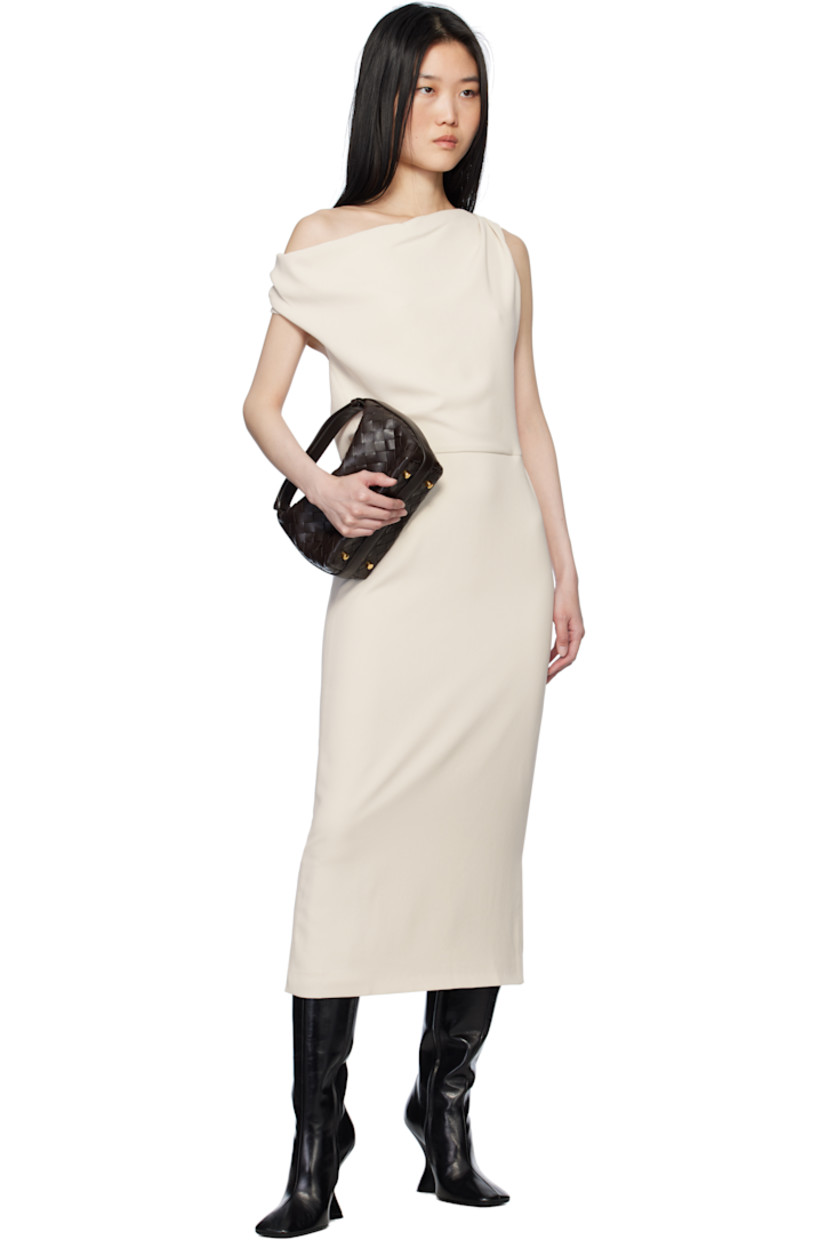 Polyester crepe midi dress. 

· Off-the-shoulder construction
· Gathering and draping at bodice
· Concealed zip closure at side seam
· Central vent at back hem
· Full satin lining

Supplier color: Off white
