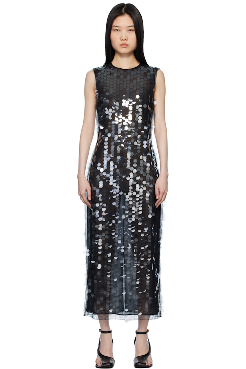 Polyester tulle midi dress. Sequins throughout.
 
· Round neck
· Zip closure at back 
· Central vent at back hem 
· Chiffon lining 

Supplier color: Black
