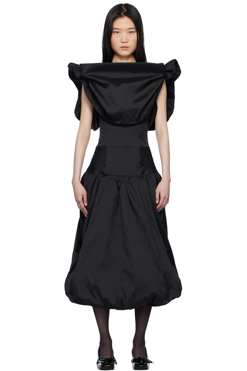 Polyester satin minidress.

· Boat neck
· Gathering at dropped waist
· Bubble hem
· Fixed shoulder straps
· Ruffled trim and detachable hood at shoulder straps
· Open back
· Fully lined 

Supplier color: Black