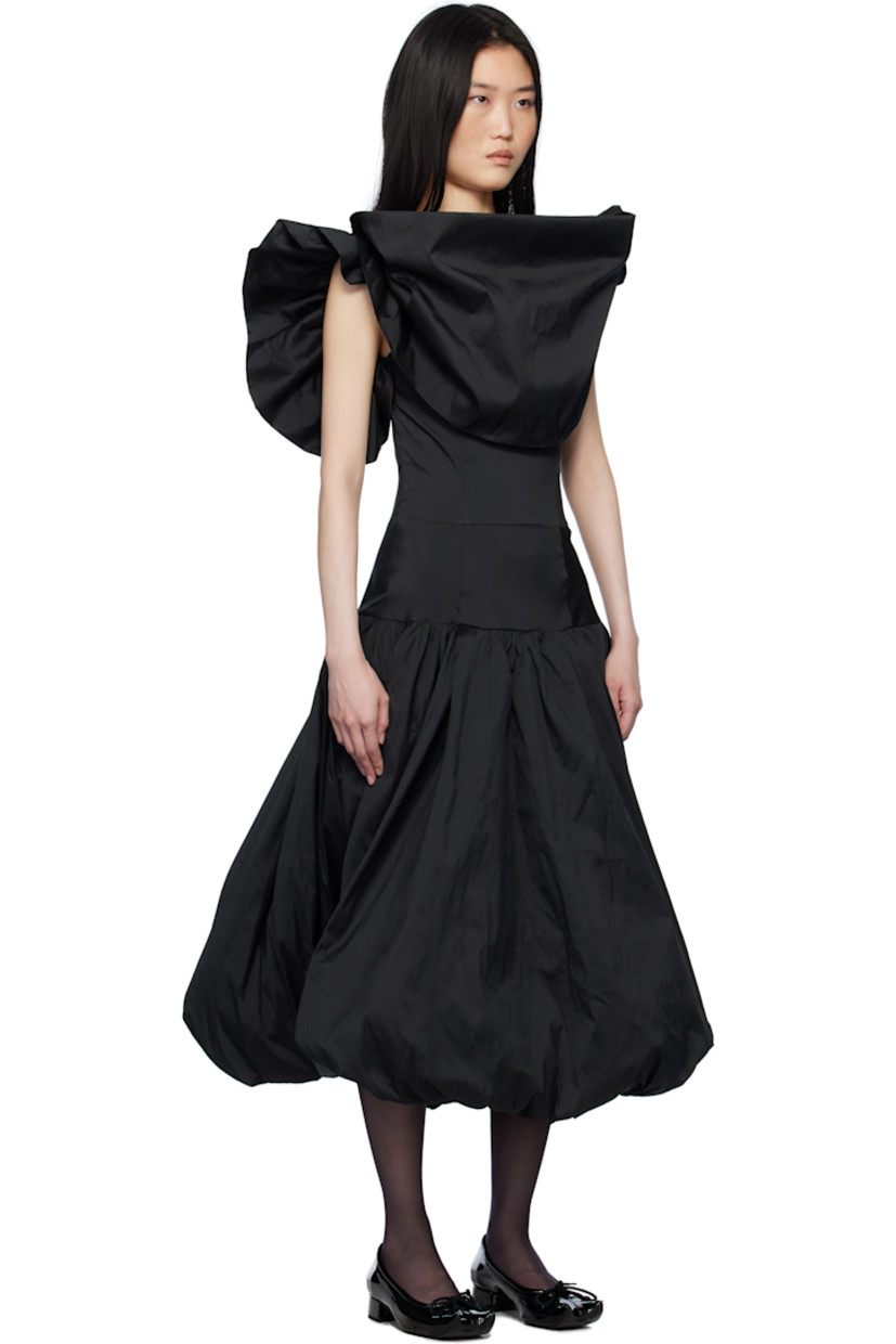 Polyester satin minidress.

· Boat neck
· Gathering at dropped waist
· Bubble hem
· Fixed shoulder straps
· Ruffled trim and detachable hood at shoulder straps
· Open back
· Fully lined 

Supplier color: Black