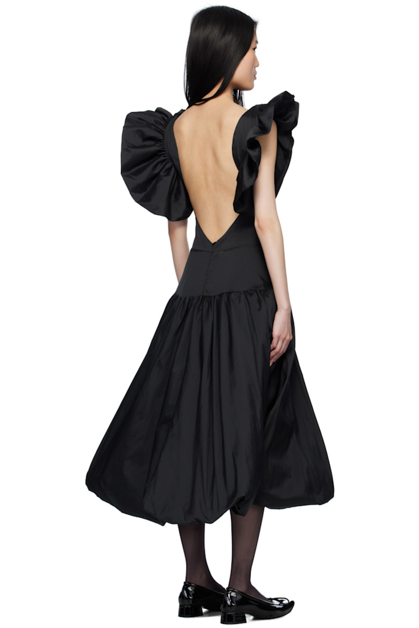 Polyester satin minidress.

· Boat neck
· Gathering at dropped waist
· Bubble hem
· Fixed shoulder straps
· Ruffled trim and detachable hood at shoulder straps
· Open back
· Fully lined 

Supplier color: Black