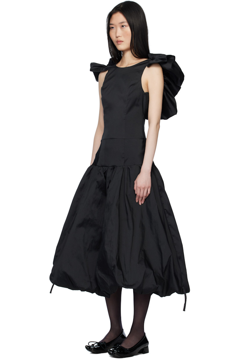 Polyester satin minidress.

· Boat neck
· Gathering at dropped waist
· Bubble hem
· Fixed shoulder straps
· Ruffled trim and detachable hood at shoulder straps
· Open back
· Fully lined 

Supplier color: Black