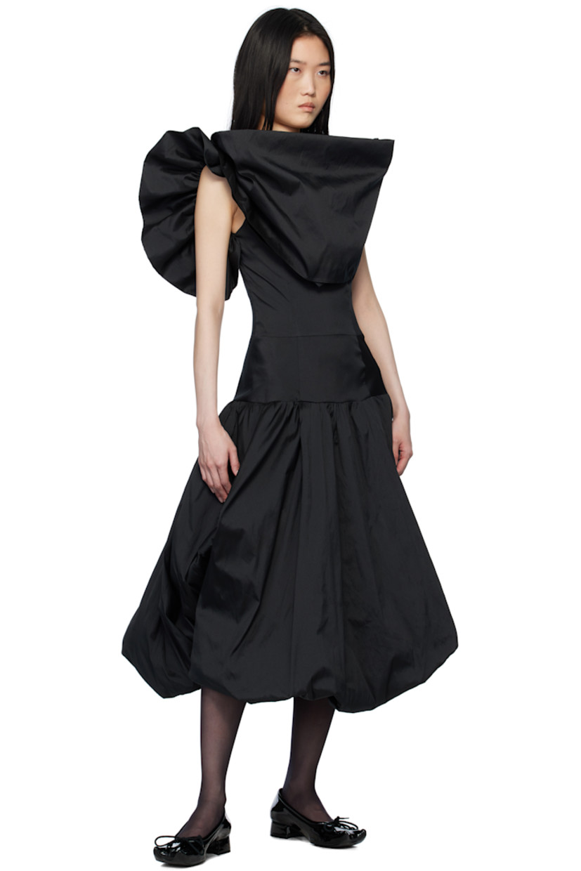 Polyester satin minidress.

· Boat neck
· Gathering at dropped waist
· Bubble hem
· Fixed shoulder straps
· Ruffled trim and detachable hood at shoulder straps
· Open back
· Fully lined 

Supplier color: Black