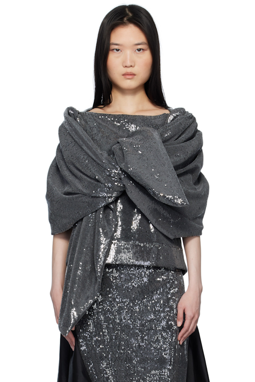Sequinned cotton-blend mesh blouse. 

· Boat neck
· Integrated shawl-style overlay at puff sleeves
· Concealed zip closure at back
· Partial satin lining

Available exclusively at SSENSE.

Supplier color: Black Sequin