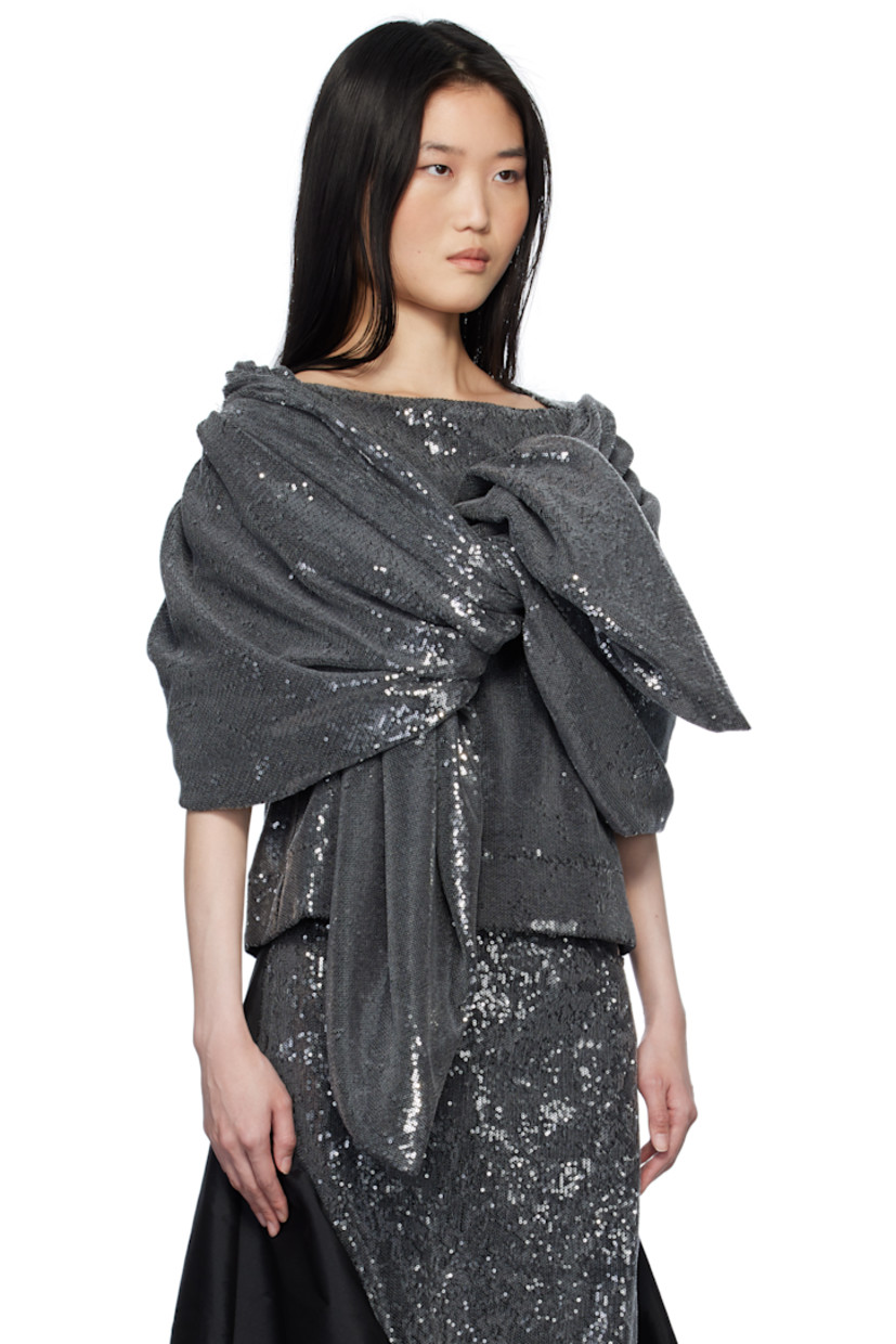 Sequinned cotton-blend mesh blouse. 

· Boat neck
· Integrated shawl-style overlay at puff sleeves
· Concealed zip closure at back
· Partial satin lining

Available exclusively at SSENSE.

Supplier color: Black Sequin