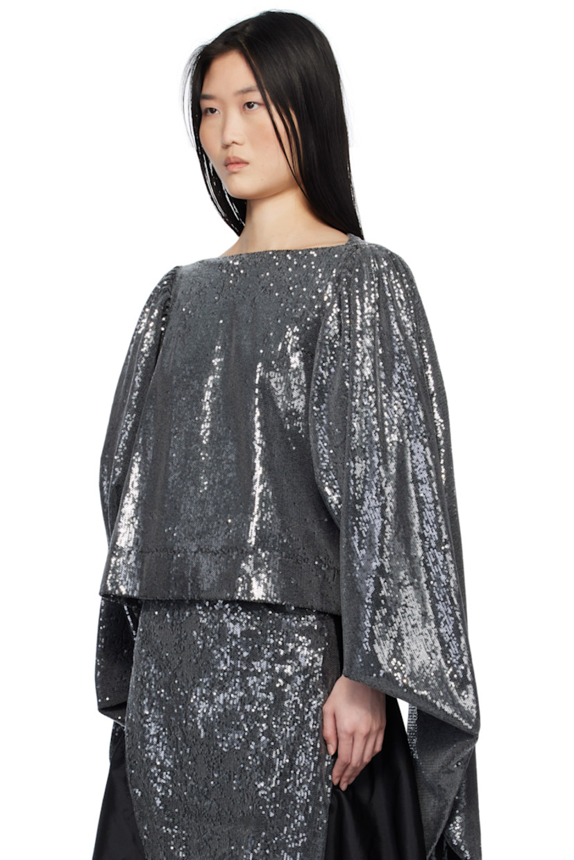 Sequinned cotton-blend mesh blouse. 

· Boat neck
· Integrated shawl-style overlay at puff sleeves
· Concealed zip closure at back
· Partial satin lining

Available exclusively at SSENSE.

Supplier color: Black Sequin