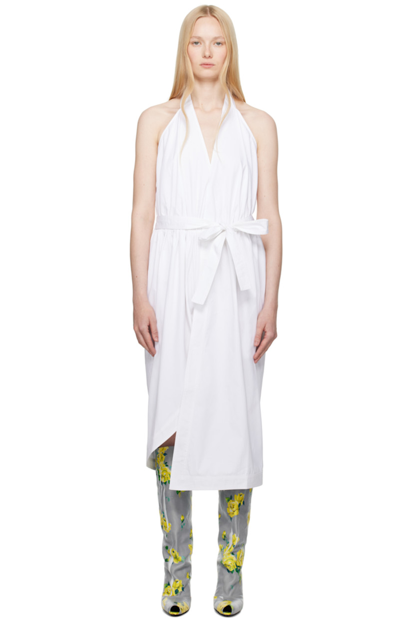 Cotton poplin midi dress. Draping throughout.

· Plunging V-neck
· Ruching at elasticized waist
· Detachable self-tie belt
· Seam pockets
· Slit at asymmetric hem
· Self-tie halter strap

Supplier color: White