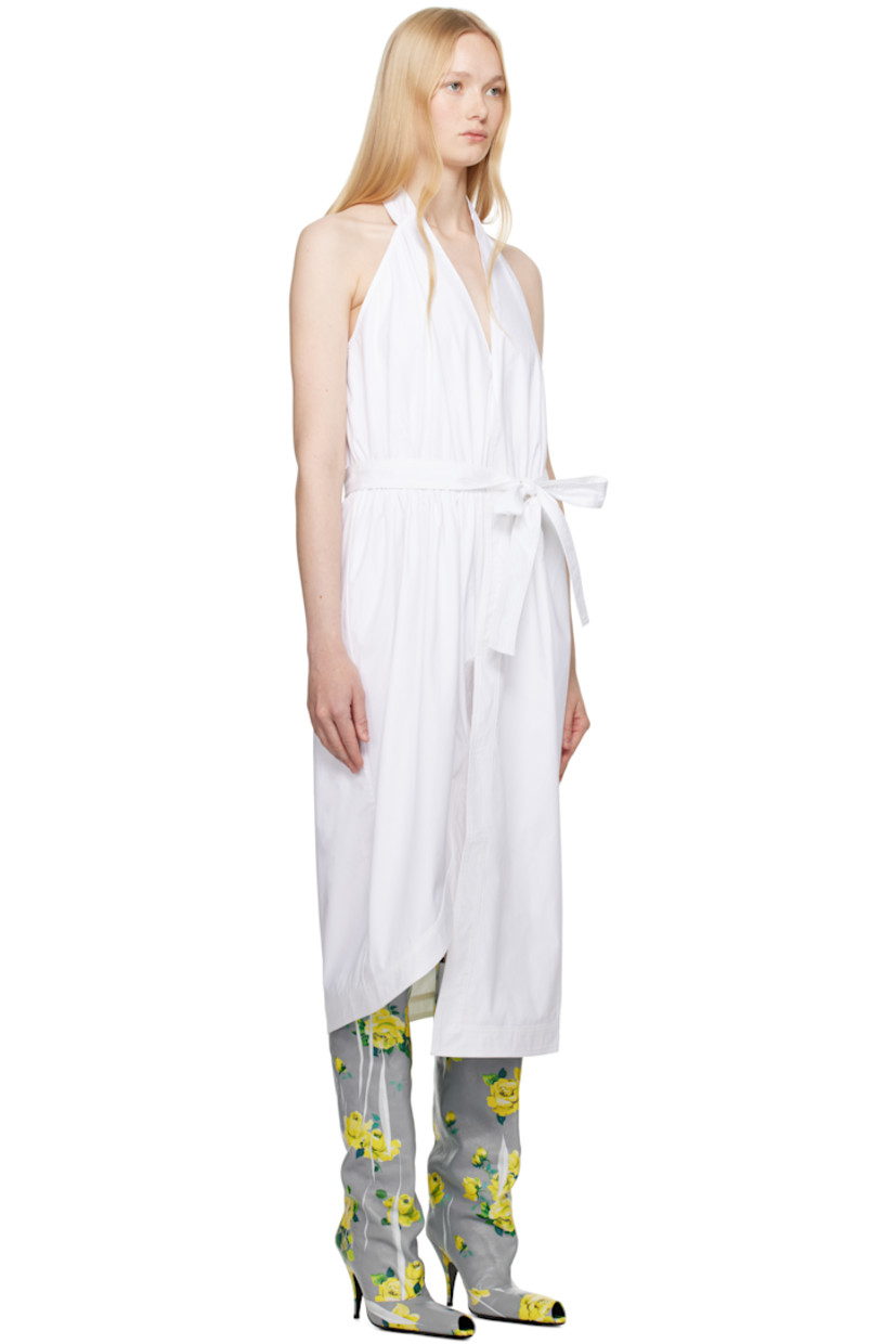 Cotton poplin midi dress. Draping throughout.

· Plunging V-neck
· Ruching at elasticized waist
· Detachable self-tie belt
· Seam pockets
· Slit at asymmetric hem
· Self-tie halter strap

Supplier color: White