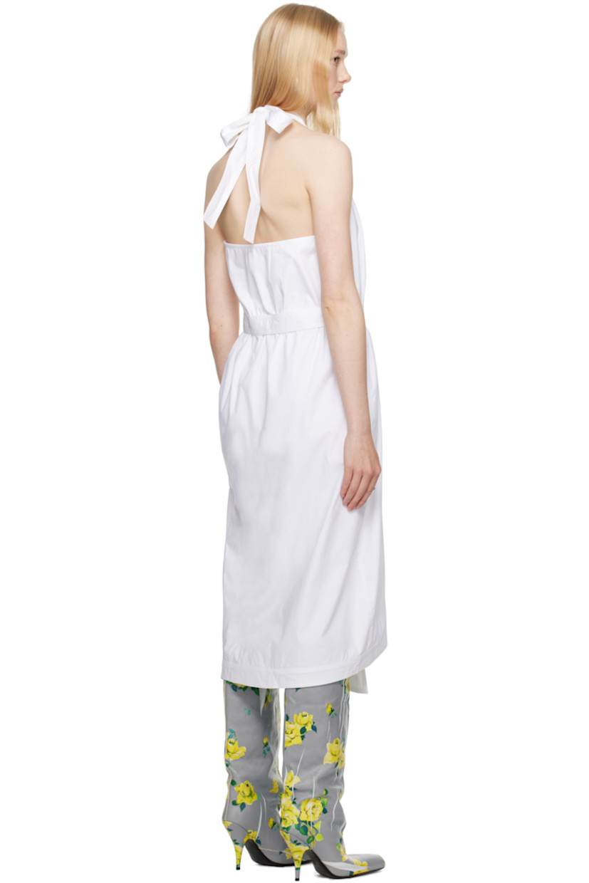 Cotton poplin midi dress. Draping throughout.

· Plunging V-neck
· Ruching at elasticized waist
· Detachable self-tie belt
· Seam pockets
· Slit at asymmetric hem
· Self-tie halter strap

Supplier color: White