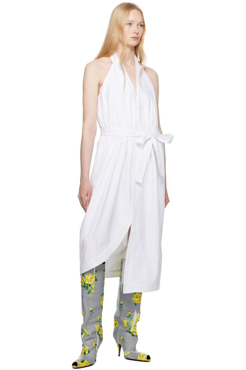 Cotton poplin midi dress. Draping throughout.

· Plunging V-neck
· Ruching at elasticized waist
· Detachable self-tie belt
· Seam pockets
· Slit at asymmetric hem
· Self-tie halter strap

Supplier color: White