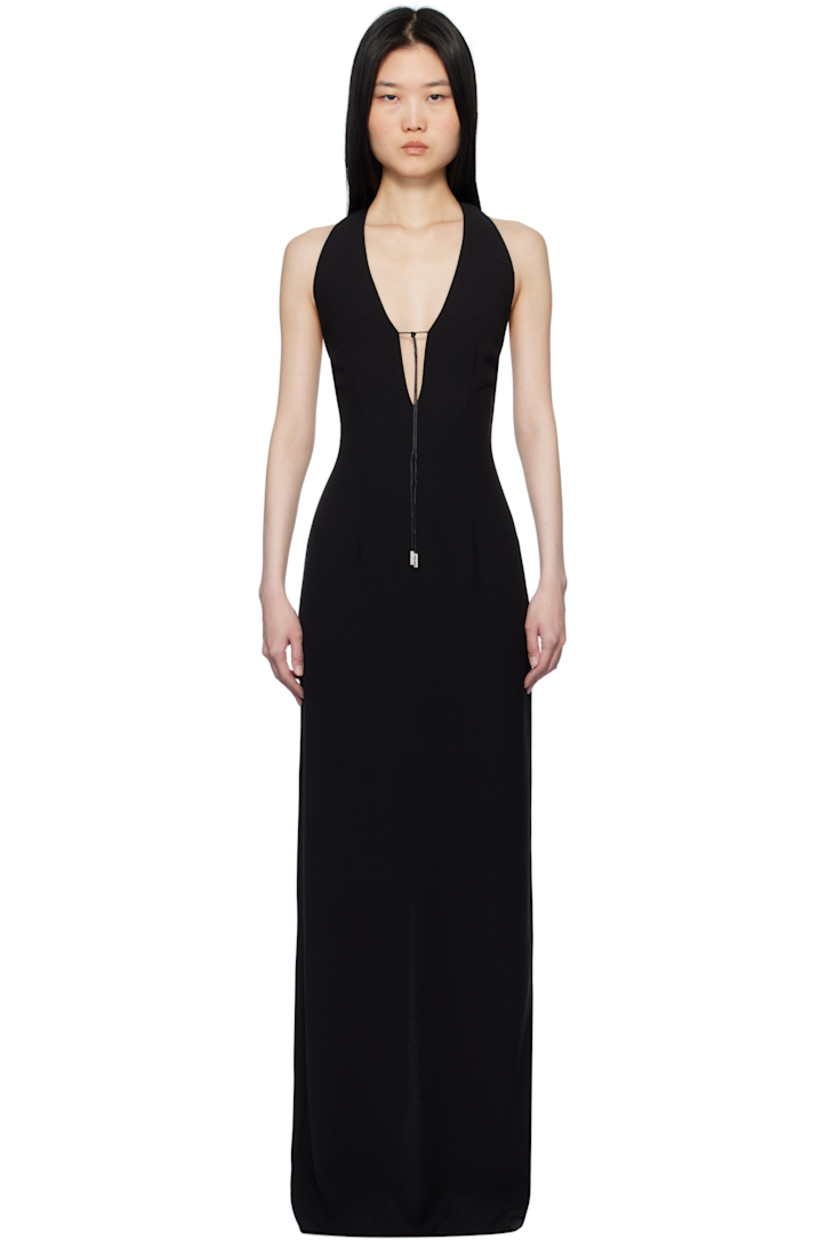 Polyester crepe maxi dress. 

· Plunging V-neck
· Drawstring at front
· Button fastening at halter strap 
· Self-tie fastening at open back
· Concealed zip closure
· Central vent at back hem 
· Unlined 

Supplier color: Black