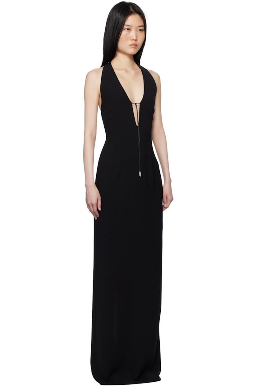 Polyester crepe maxi dress. 

· Plunging V-neck
· Drawstring at front
· Button fastening at halter strap 
· Self-tie fastening at open back
· Concealed zip closure
· Central vent at back hem 
· Unlined 

Supplier color: Black