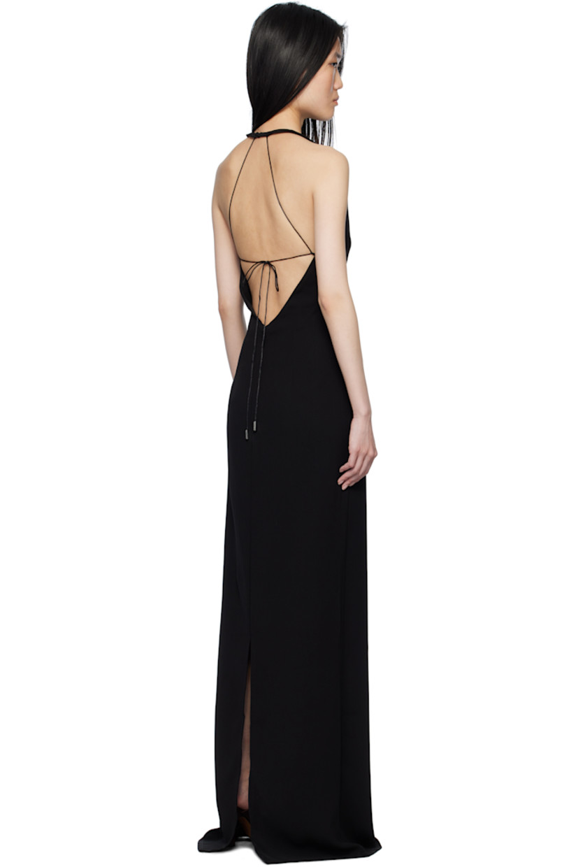 Polyester crepe maxi dress. 

· Plunging V-neck
· Drawstring at front
· Button fastening at halter strap 
· Self-tie fastening at open back
· Concealed zip closure
· Central vent at back hem 
· Unlined 

Supplier color: Black