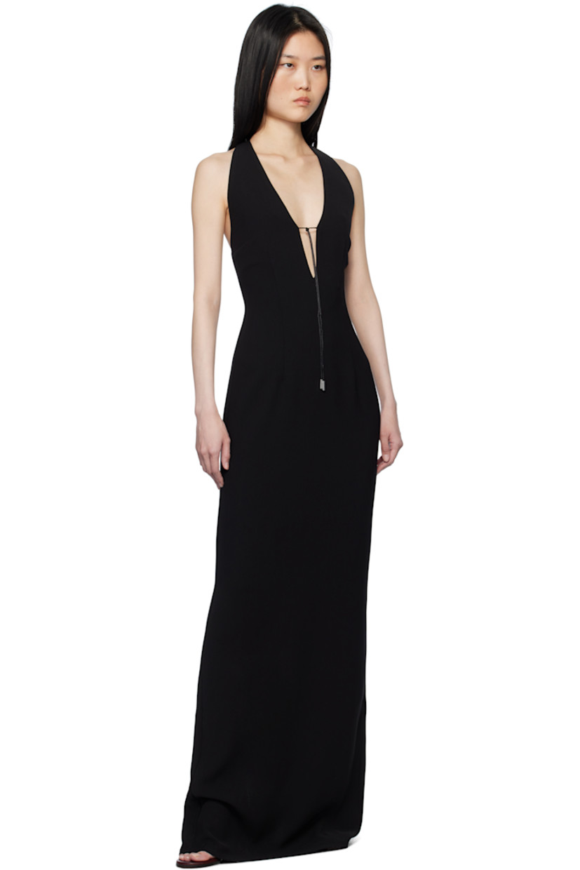Polyester crepe maxi dress. 

· Plunging V-neck
· Drawstring at front
· Button fastening at halter strap 
· Self-tie fastening at open back
· Concealed zip closure
· Central vent at back hem 
· Unlined 

Supplier color: Black