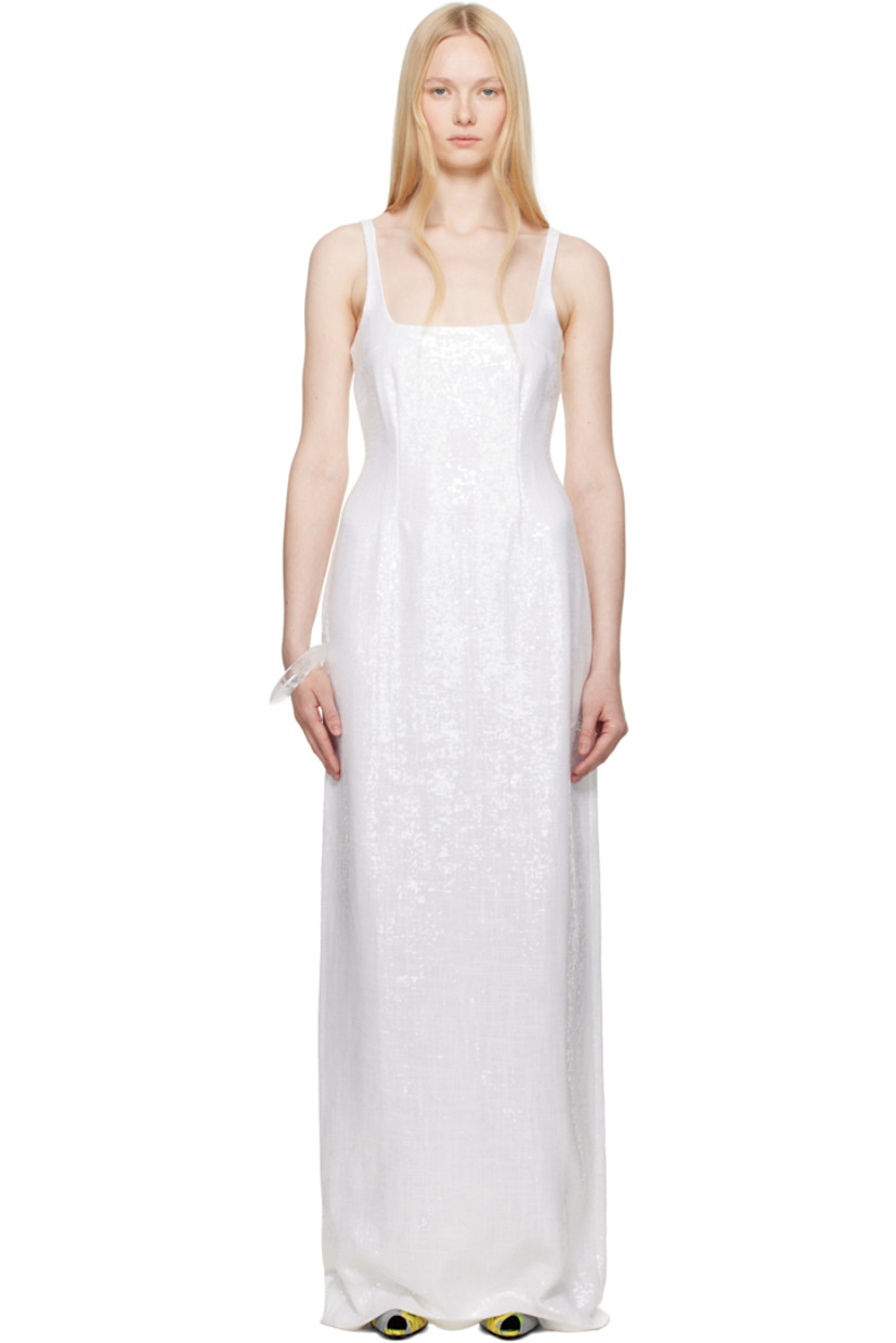 Sequinned plain-woven polyester maxi dress.

· Straight neck
· Darts at bodice
· Fixed shoulder straps
· Concealed zip closure at back
· Central slit at back hem
· Full crêpe lining

Supplier color: White