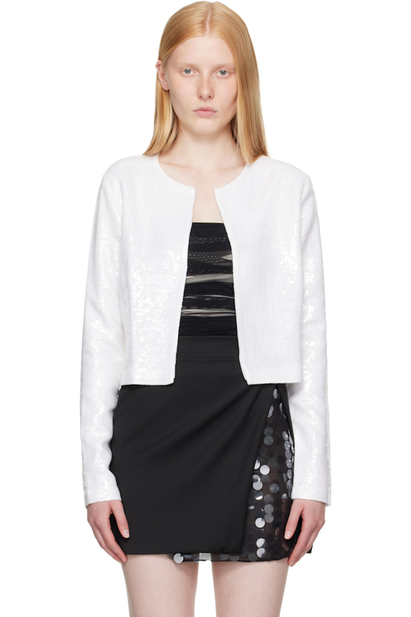 Sequinned polyester hopsack cardigan.

· Round neck
· Open front
· Cropped hem
· Full crêpe lining

Supplier color: White