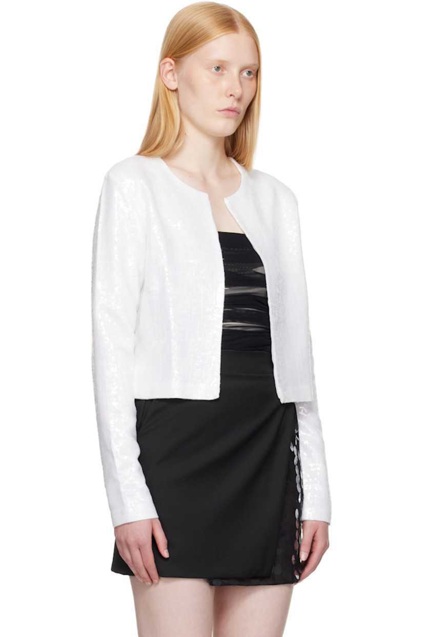 Sequinned polyester hopsack cardigan.

· Round neck
· Open front
· Cropped hem
· Full crêpe lining

Supplier color: White