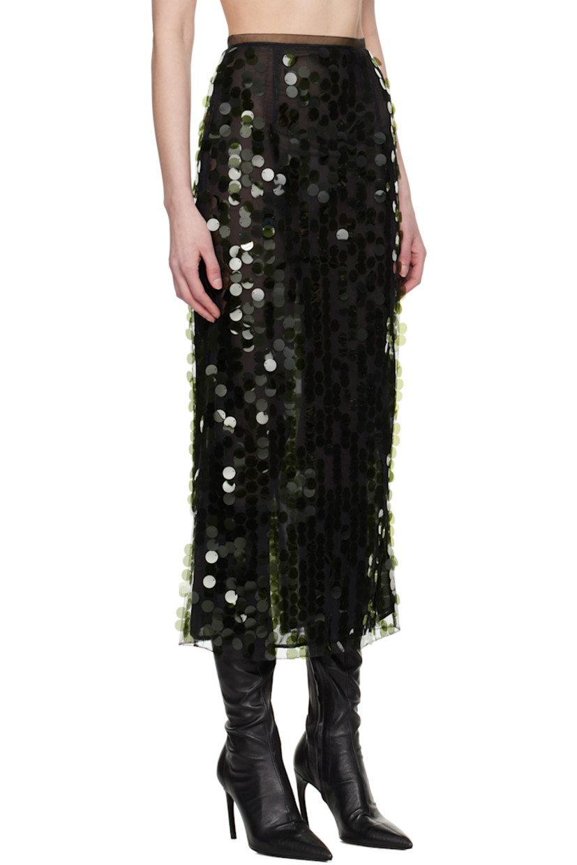 Sequinned polyester chiffon and mesh midi skirt.

· Sheer organza trim at waistband
· Concealed zip closure at back waistband
· Central vent at back hem

Supplier color: Verde pino