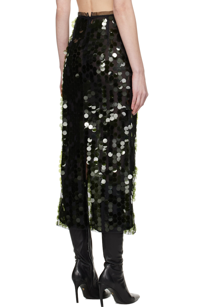 Sequinned polyester chiffon and mesh midi skirt.

· Sheer organza trim at waistband
· Concealed zip closure at back waistband
· Central vent at back hem

Supplier color: Verde pino