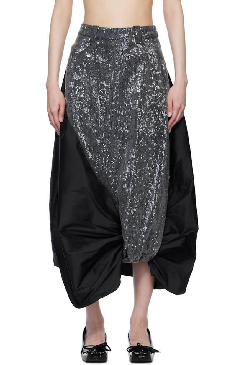 Cotton taffeta and sequinned polyester mesh midi skirt.

· Asymmetrical paneled construction
· Belt loops
· Two-pocket styling
· Gathering and knotted detailing at hem
· Concealed zip closure at side seam
· Logo patch at back waistband
· Central vent at back hem

Supplier color: Sequins & Black Taff