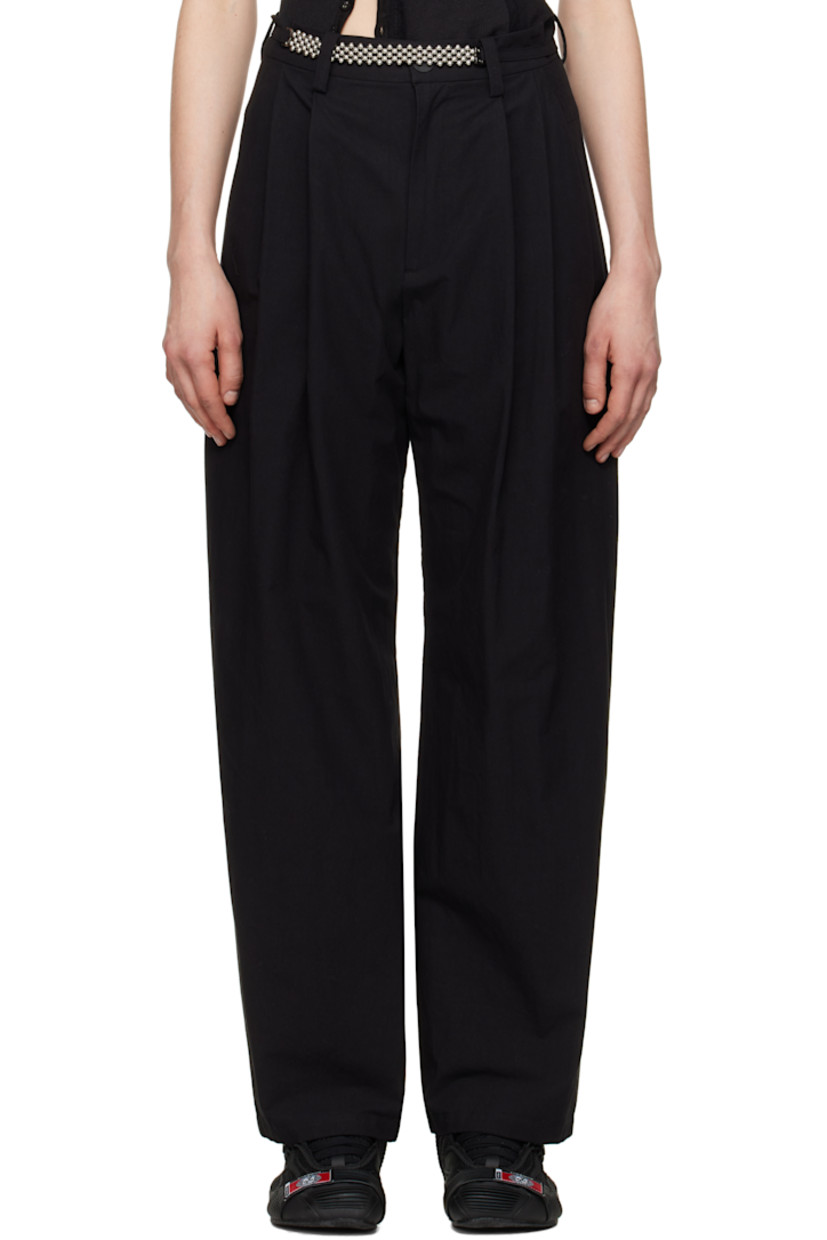Wide-leg crinkled cotton poplin trousers.

· Belt loops
· Detachable beaded cinch belt 
· Four-pocket styling
· Zip fly 
· Pleats at front 
· Steel hardware 

Supplier color: Black