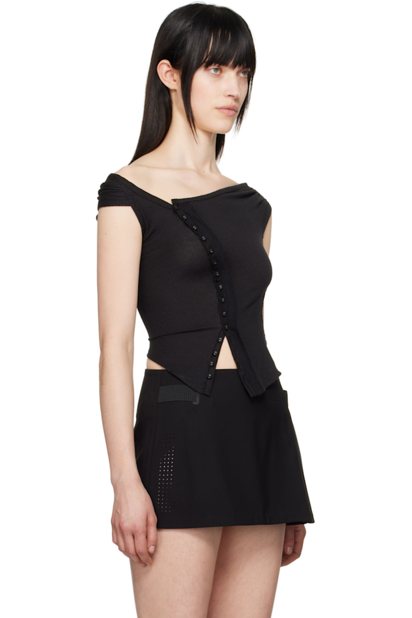 Stretch cotton-blend ribbed jersey top. 

· Off-the-shoulder construction 
· Offset button closure
· Raw edge at placket
· Cross-stitch detailing at front and back
· Asymmetric hem
· Gathering at shoulders

Wholesale exclusivity at SSENSE.

Supplier color: Black