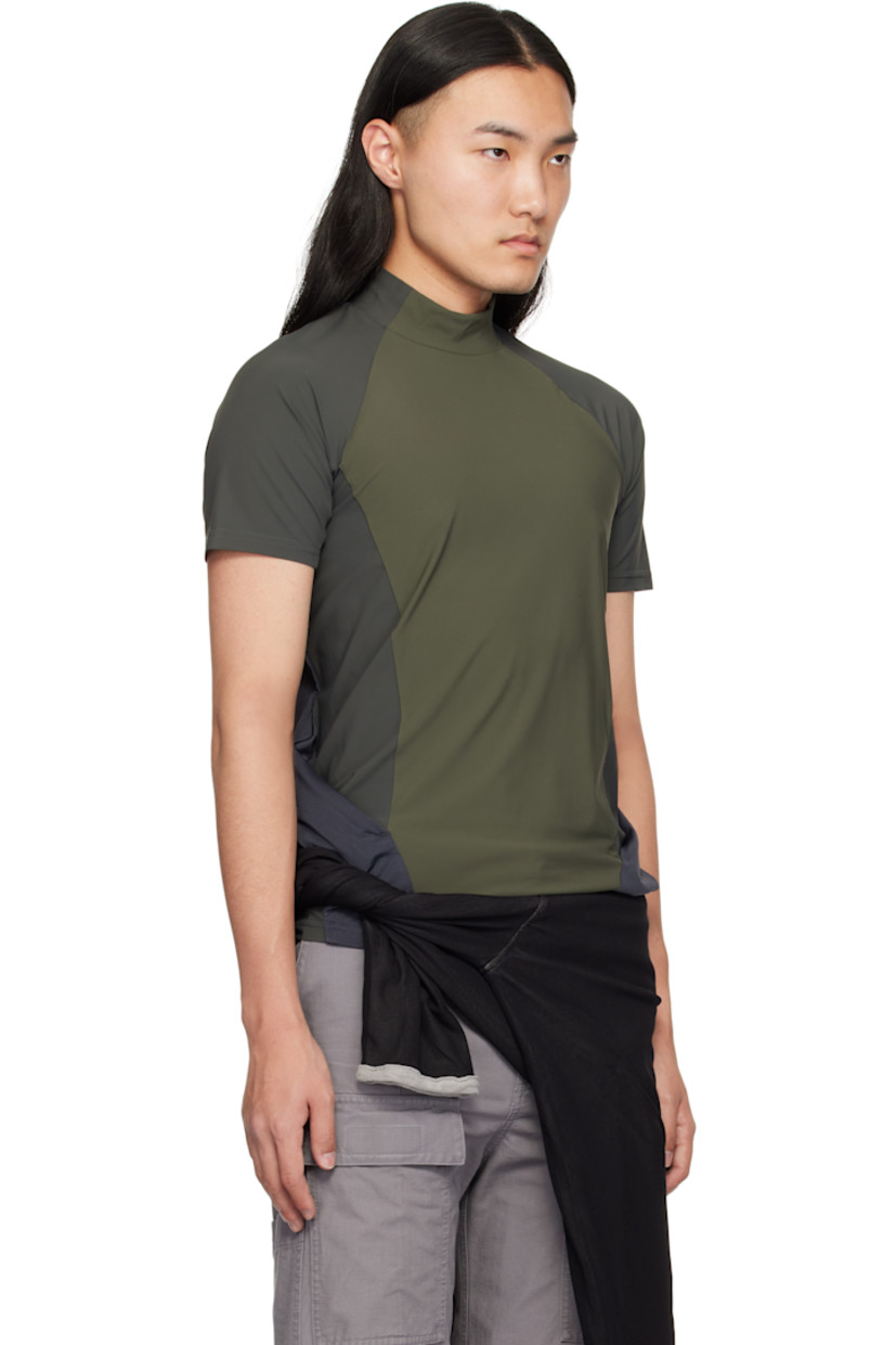 Nylon-blend jersey T-shirt.

· Mock neck 
· Mesh straps at sides with concealed zip pockets

Supplier color: Khaki