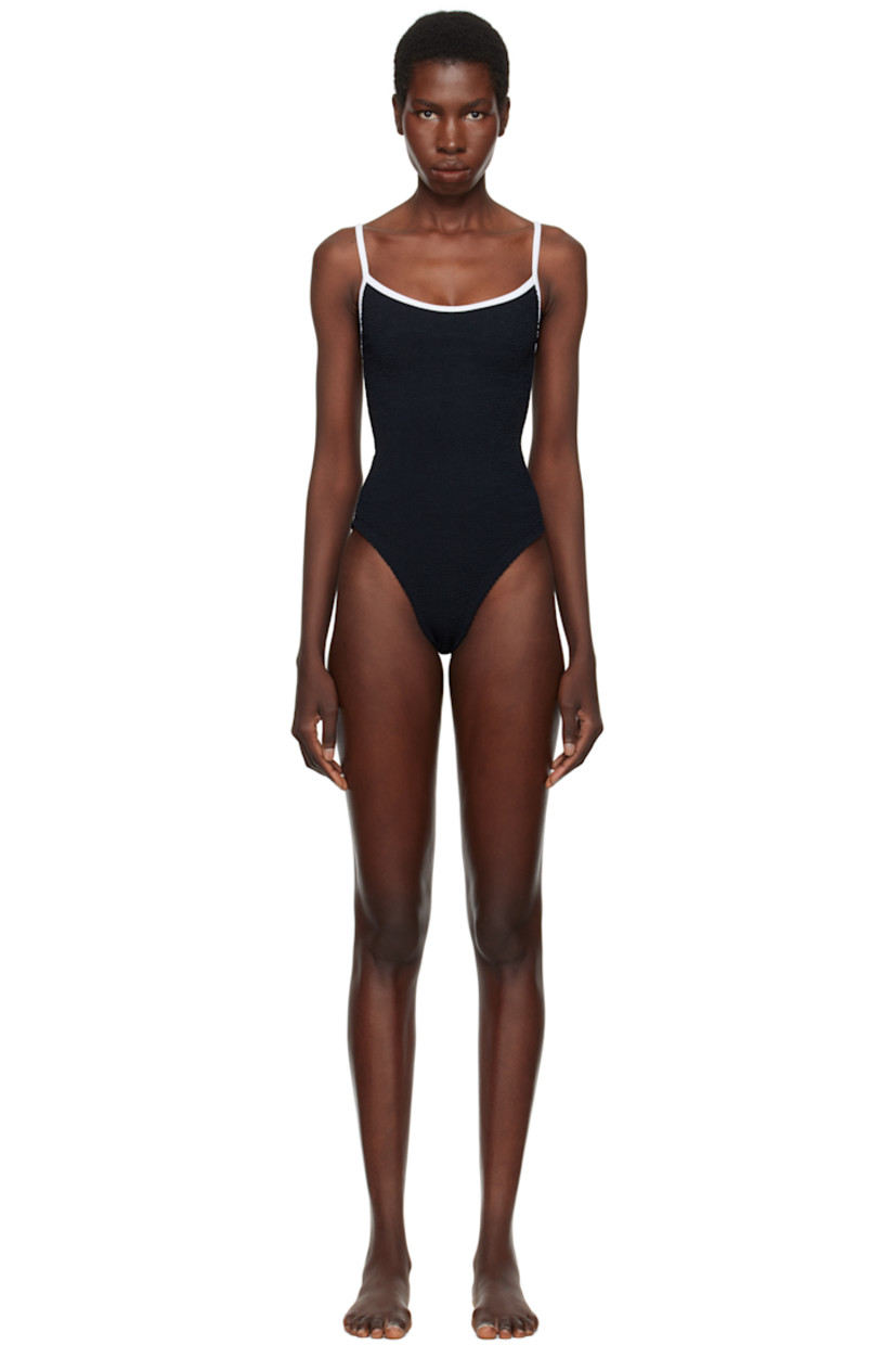 Shirred stretch nylon jersey one-piece swimsuit.

· Scoop neck
· Fixed spaghetti straps
· Low back
· Unlined

This product uses Original Crinkle™ Technology. Fits US size 2-12.

Supplier color: Black/White