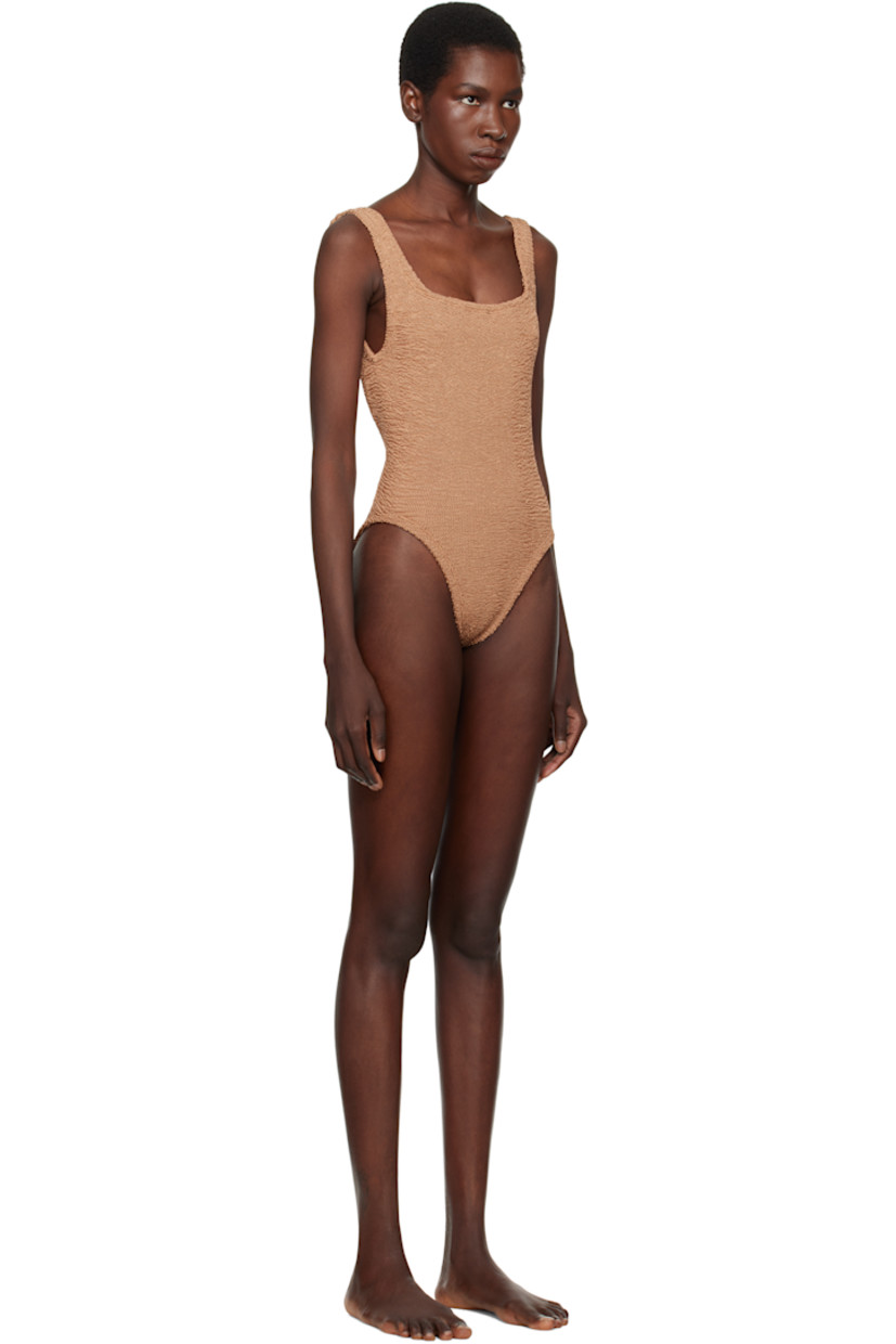 Shirred stretch nylon jersey one-piece swimsuit.

· Square neck
· Fixed shoulder straps
· Low back
· Unlined

This product uses Original Crinkle™ Technology. Fits US size 2-12.

Supplier color: Metallic cocao