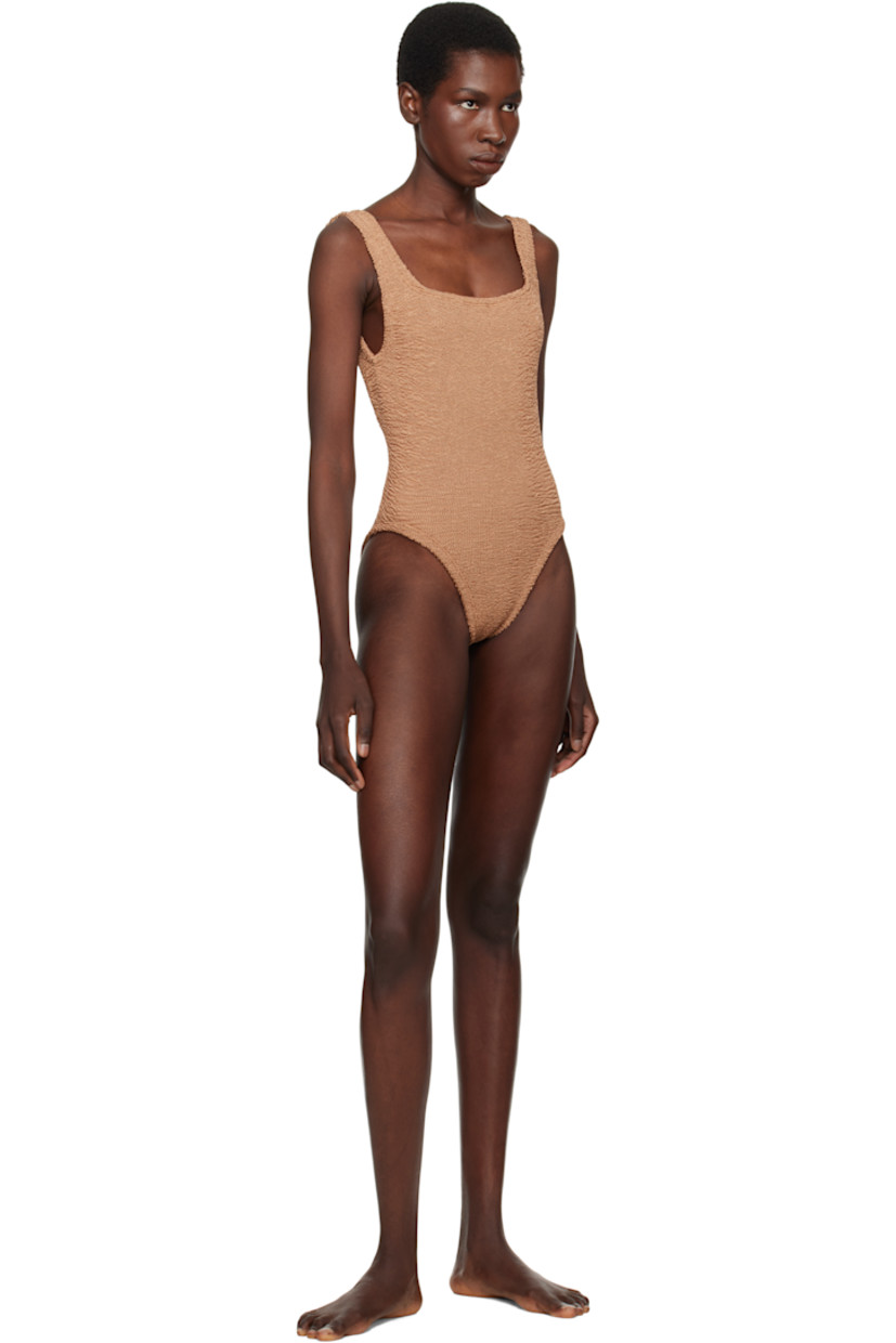 Shirred stretch nylon jersey one-piece swimsuit.

· Square neck
· Fixed shoulder straps
· Low back
· Unlined

This product uses Original Crinkle™ Technology. Fits US size 2-12.

Supplier color: Metallic cocao