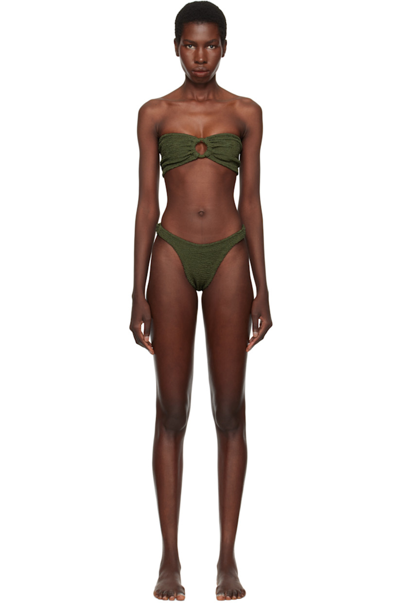 Shirred stretch nylon jersey bandeau-style bikini top.

· Sweetheart neck
· O-ring and gathering at chest
· Unlined

Shirred stretch nylon jersey bikini bottom.

· Elasticized waistband
· O-ring at sides
· Unlined

This product uses Original Crinkle™ Technology. Fits US sizes 2-12.

Supplier color: Metallic khaki